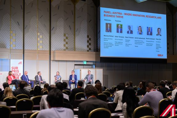 Sechs Personen am Podium, voller Vortragsraum
