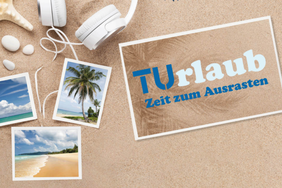 Fotocollage mit Urlaubsfotos am Strand, Schriftzug "TUrlaub"
