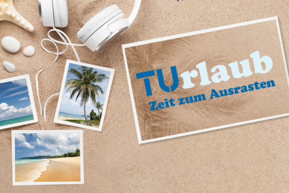 Fotocollage mit Urlaubsfotos am Strand, Schriftzug "TUrlaub"