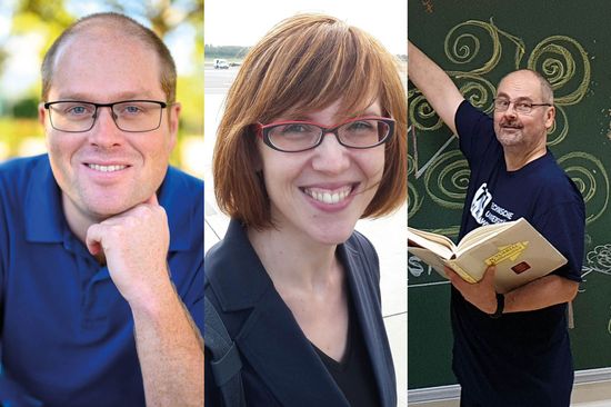 Porträts: Stefan Gerhold, Julia Eisenberg und Friedrich Hubalek vom Forschungsbereich Finanz- und Versicherungsmathematik (FAM)