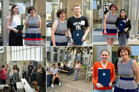 Collage aus sechs Bildern mit Vizerektorin Koch und den Ausgezeichneten sowie einer Person, die die Gruppe durch das Atominstitut führt und ein Bild vom Garten des Instituts mit sitzenden Personen.