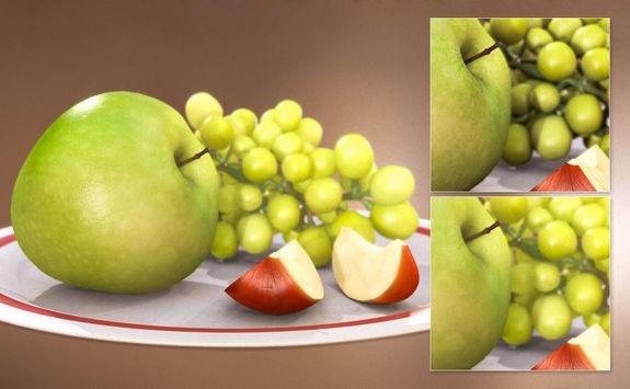 [Translate to English:] links: die neue Methode; rechts oben: ohne Subsurface Scattering; rechts unten: mit Subsurface Scattering