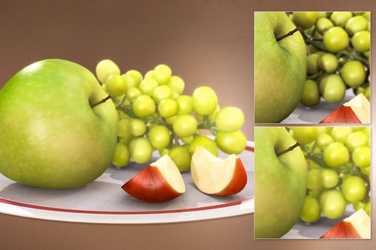 links: die neue Methode; rechts oben: ohne Subsurface Scattering; rechts unten: mit Subsurface Scattering