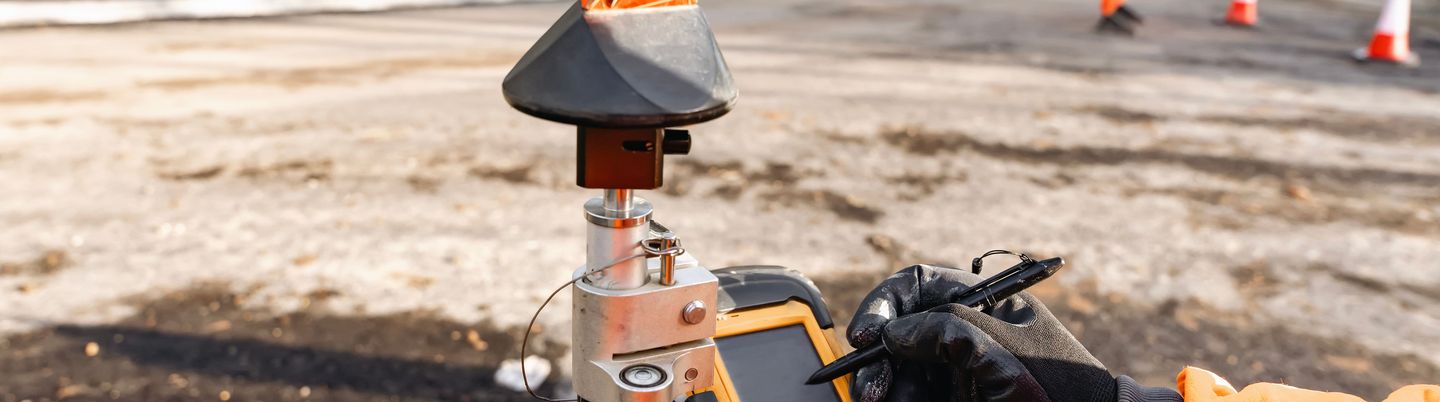Close-up of Surveyor working with equipment at construction site and performing land survey
