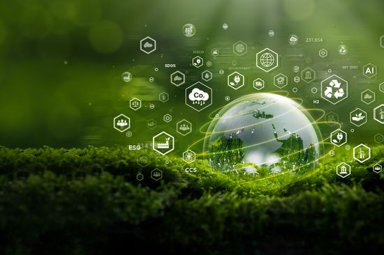 Kugel auf Moos mit grünen Icons – Umwelt-ESG-Konzept, Ökologie und nachhaltige Umwelt der Welt. Umweltfreundliches grünes Geschäft. Ökologie, Tag der Erde, CSR und Netto-Null. 