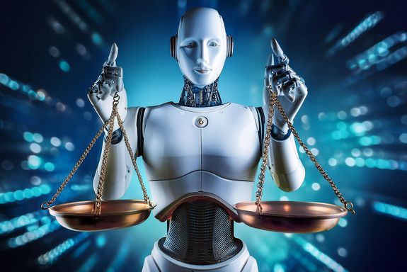 Roboter, der Waagschalen in den Händen hält