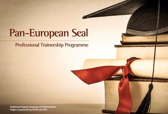 Pan-European Seal - Professional Traineeship programme Pan-European Seal and books, parchment scrolls and mortarboard