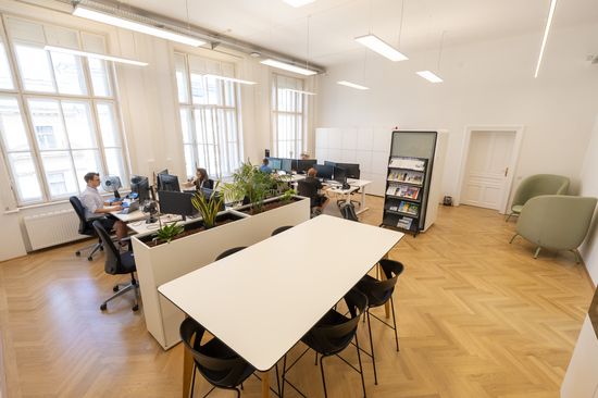 Menschen arbeiten an Schreibtischen im neuen Co-Working-Space. Im Vordergrund steht ein Tisch für Besprechungen.