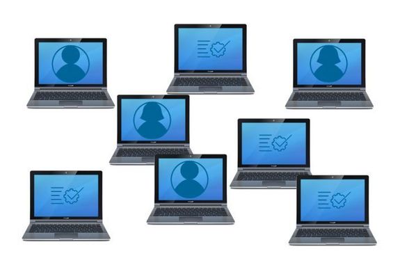 graphical illustration of 8 laptops: 4 with our icon for a maDMP, 2 each with our anonymous portraits for male and female persons on the screen.