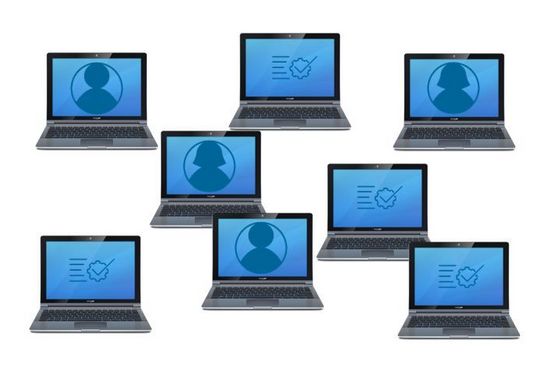 graphical illustration of 8 laptops: 4 with our icon for a maDMP, 2 each with our anonymous portraits for male and female persons on the screen.