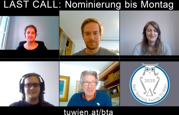 Screenshot einer Videokonferenz. Text darüber: "LAST CALL: Nominierung bis Montag" Unterhalb: tuwien.at/bta