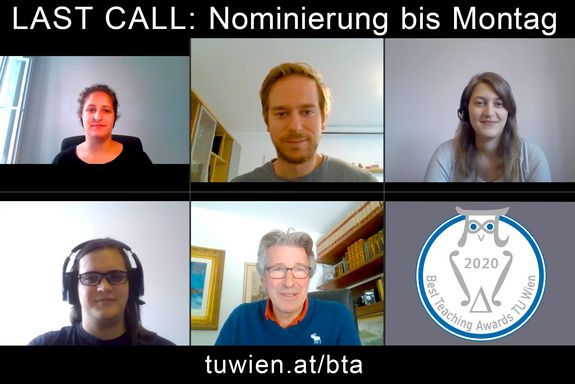 Screenshot einer Videokonferenz. Text darüber: "LAST CALL: Nominierung bis Montag" Unterhalb: tuwien.at/bta