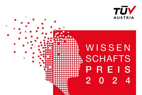Flyer TÜV Wissenschaftspreis in weiß und rot; Kopf schemenhaft erkennbar, der sich aus roten Bildpunkten zusammensetzt