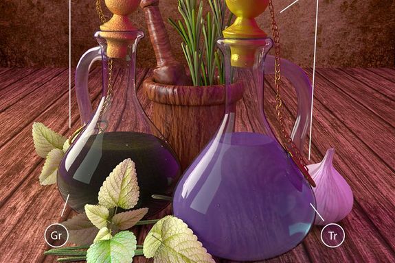 [Translate to English:] Bunt gefüllte Flacons, von Kräuterblättern umgeben auf Holzuntergrund.