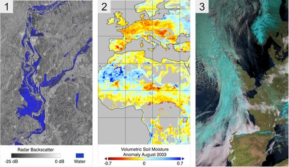 Anwendungsbereiche: (1) Risikomanagement: Monitoring der Überflutungsausdehnung mit 10m Bodenauflösung anhand der Sentinel-1A Daten. Das Beispiel zeigt Überflutungen im Bereich der griechisch-türkischen Grenze im Februar 2015. Quelle: TU Wien. (2) Klimafor