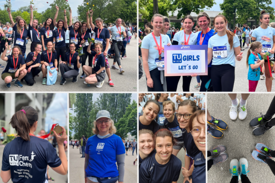 Collage aus sieben Einzelfotos mit Teilnehmerinnen des Frauenlaufs im Wiener Prater.