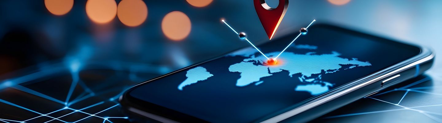 Smartphone with map location pin graphic.
