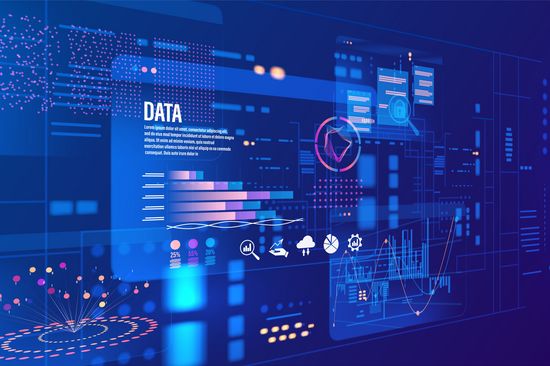 Abstrakte Big-Data-Analyse-Visualisierung Dashboard-Schnittstelle. Futuristischer digitaler Technologiehintergrund für Datenwissenschaft, Business Intelligence, maschinelles Lernen und Innovation.