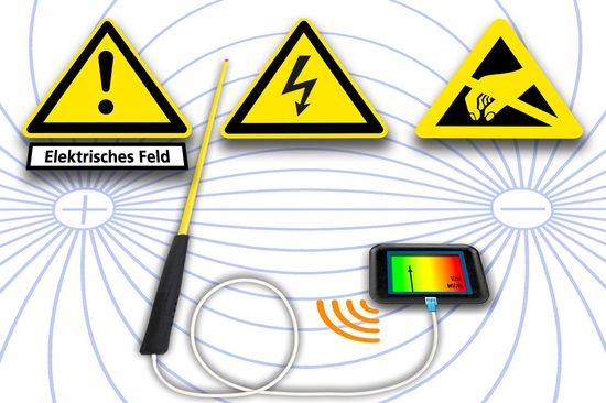 Messtab mit Sensor und Feödstärkemeter zur Messung der Feldstärke von elektrischen Feldern