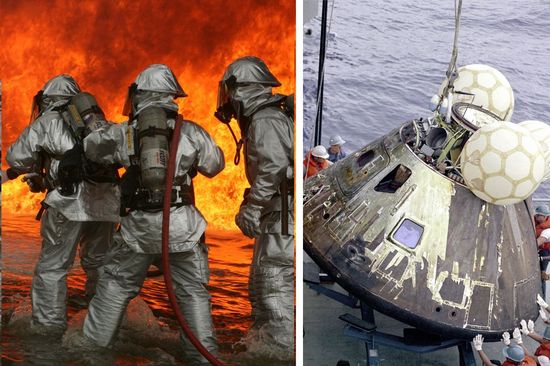 Photo of firefighters (left) and a space capsule retrieved from the sea (right)  with link to PDF "Green process for synthesizing polybenzimidazoles"