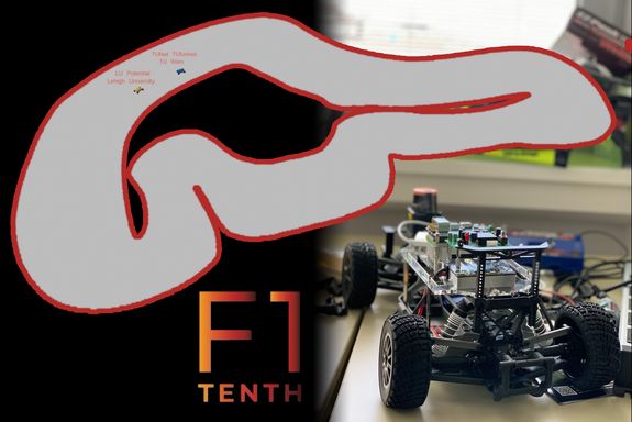 The race track, on which the TU Wien team won - and the model car which would have been used, hat the race not been turned into a virtual competition.