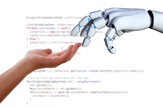 menschliche Hand berührt Roboterhand vor Programmiercode im Hintergrund