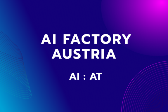 weiße Schrift AI Factory Austria AI:AT auf buntem Hintergrund