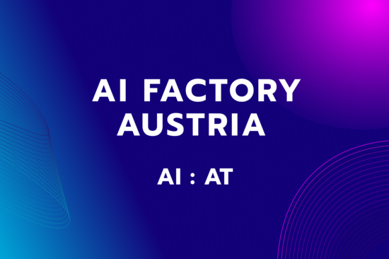 weiße Schrift AI Factory Austria AI:AT auf buntem Hintergrund
