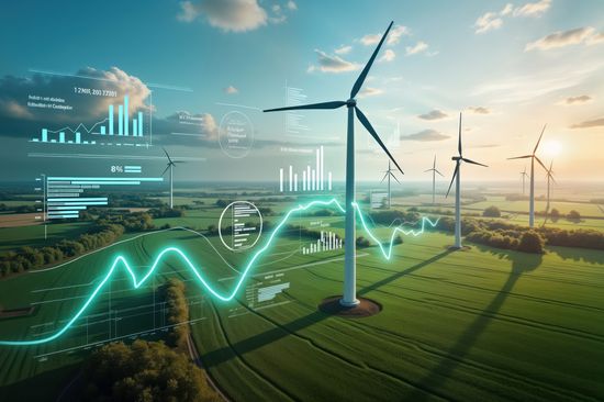 Luftaufnahme von Windkraftanlagen auf grünen Feldern. Überlagerte Datengrafiken zeigen ökologisches Wachstum und Strompreise. Analyse von Energiequellen für Nachhaltigkeit. Trendige erneuerbare Technologien, umweltfreundlich