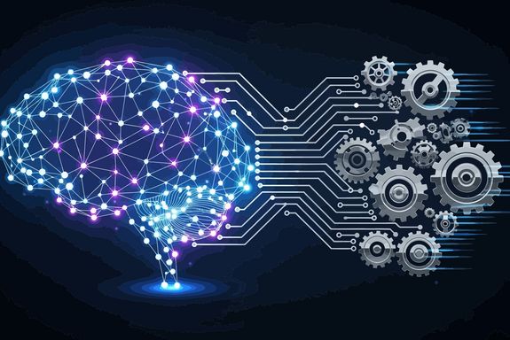 Ein konzeptionelles Bild, das ein digitales Gehirn und futuristische künstliche Intelligenz und Technologie darstellt.