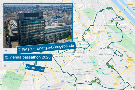 Karte der Wien-Zentrum-Route mit Luftfoto des Plus-Energie-Hauses.