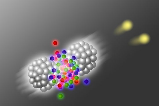 Zwei Blei-Atome kollidieren. Dabei entsteht ein Quark-Gluon-Plasma, das ultrakurze Lichtpulse aussenden kann.