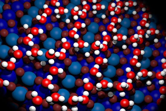 Wassermoleküle, die sich auf einer Oberfläche anlagern.