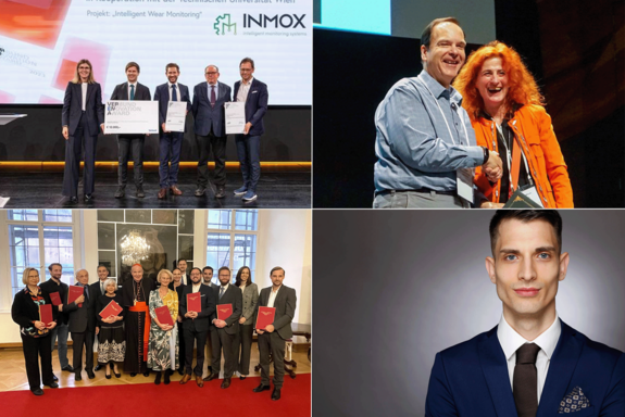 Viergeteiltes Bild mit drei Bildern von Preisverleihungen und Gratulation, das vierte ist ein Porträtbild in Farbe.