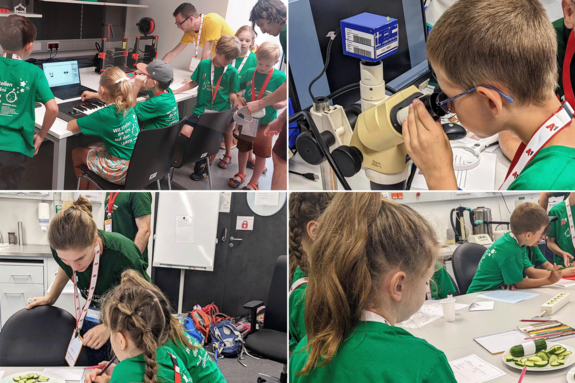 Collage aus vier Bildern mit Kindern bei der Kinderuni Technik. Sie tragen grüne T-Shirts und sind jeweils mit Arbeiten beschäftigt.