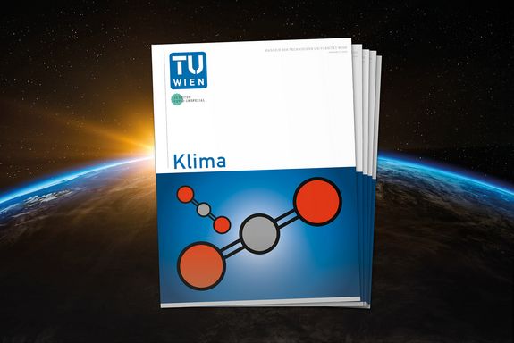 Die neue Ausgabe des TU Wien Magazins vor dem Erdhorizont vom All aus gesehen