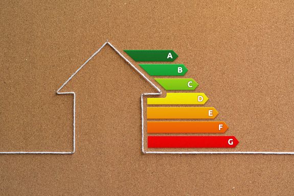Auf einer Korkplatte sind mit Nadeln und Bindfaden die Umrisse eines Hauses geformt.  Rechts daneben sieht man die bunten Pfeile mit der Beschriftung A bis G, die zur Kennzeichnung der Energieeffizienz von Gebäuden (Energieausweisklassen) und Geräten verwendet werden.