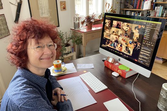 Prof. Gebeshuber vor dem Computerbildschirm mit geöffneten Zoom Meeting. 