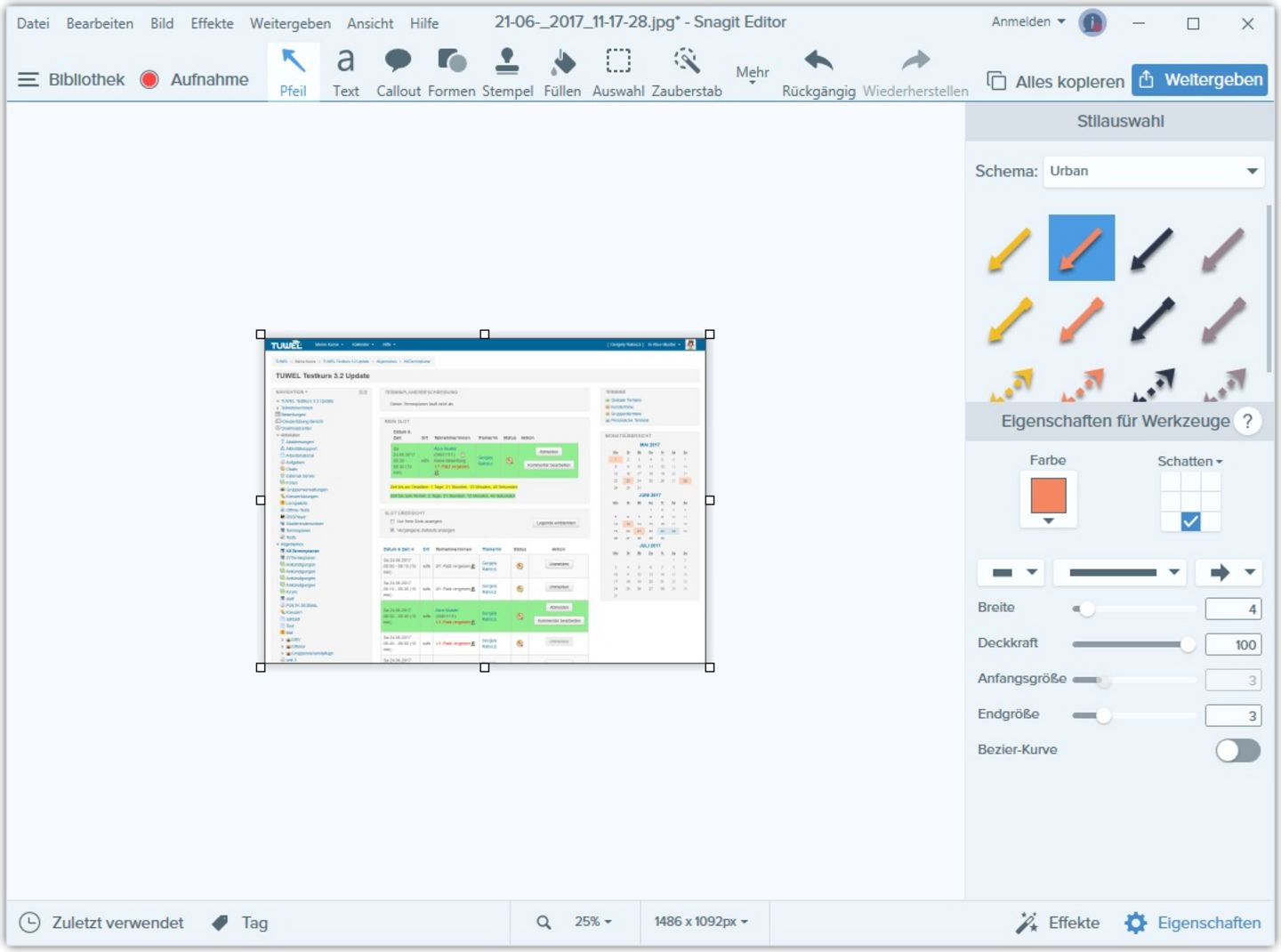 Screenshot der Software SnagIt Bearbeitungsansicht des Programmes SnagIt. Mittig befindet sich der Screenshot einer TUWEL Ansicht, darüber und rechts davon eine Werkzeugleiste.