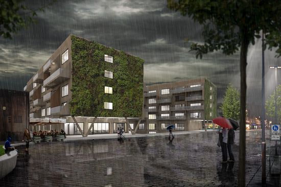 Die Studierenden der TU Wien, Robert Koch, Stefan Schützenhofer, Raffael Aumüller und Robin Jakoubek erhielten den 2. Preis für ihre Idee des Wohnbaumoduls. 