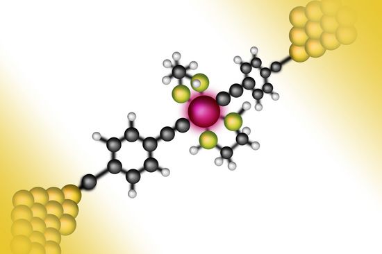 Ein einzelnes organisches Molekül - mit einem Molybdän-Atom im Zentrum zwischen zwei Gold Elektroden - dient als Schalter.