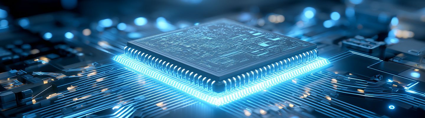 Hochleistungs-Mikrochip auf einer Elektronikplatine, der die Leistungsfähigkeit der Datenverarbeitung, fortschrittliche Hardware-Technik und das Rückgrat der modernen digitalen Infrastruktur veranschaulicht.
