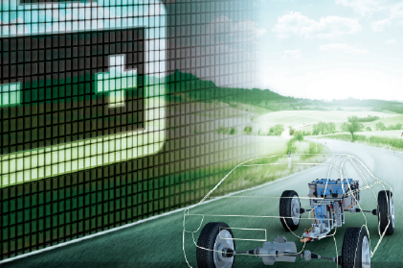 Auto auf einer Fahrbahn, links ein Batteriesymbol.