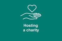 A heart floats above an open, drawn palm; below it is written "Hosting a charity".