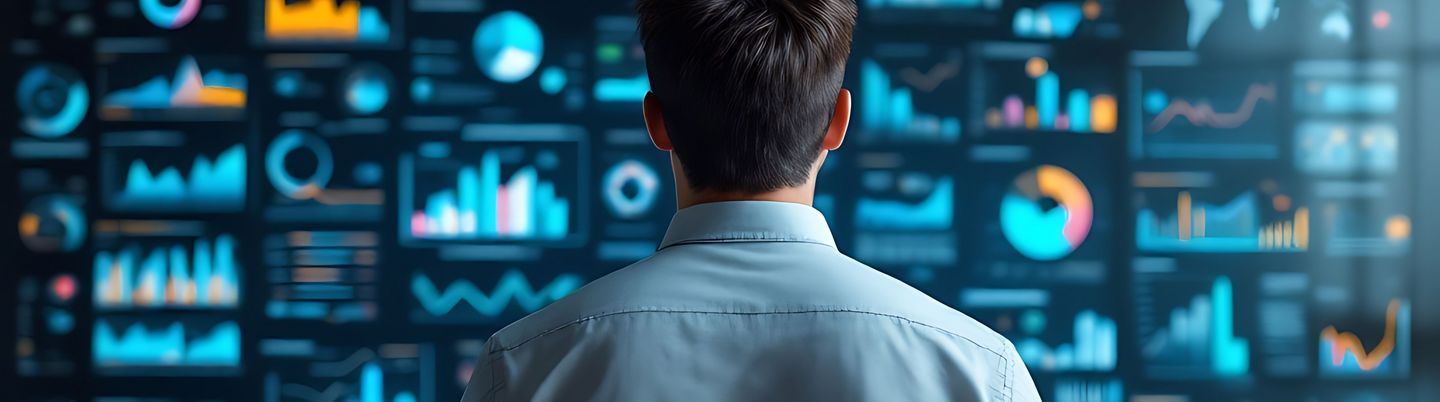 Geschäftsmann analysiert Datencharts und Finanzberichte an einer Wand. Unternehmensstrategie, datengestützte Entscheidungsfindung in einem modernen Geschäftsumfeld.