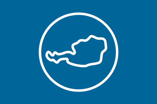 Unser Icon für Österreich bzw. national: Umrisse Österreichs in Weiß in einem weißen Kreis auf blauem Hintergrund.