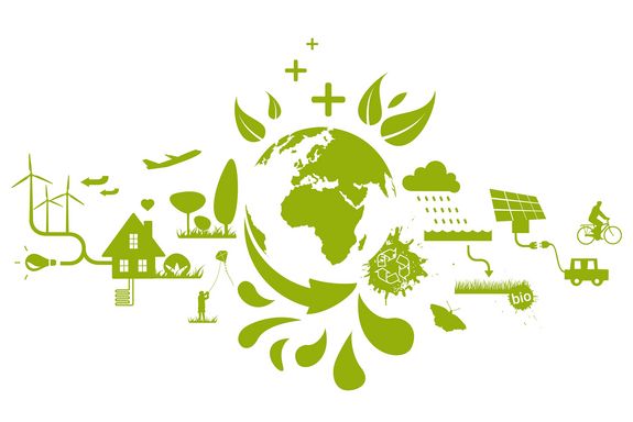 Zeichnung einer Erdkugel in Grün, umgeben von erneuerbaren Energien. 