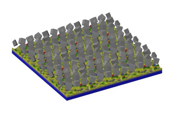 eckigen Abrasivpartikeln sind oben auf der Oberfläche zu sehen.
