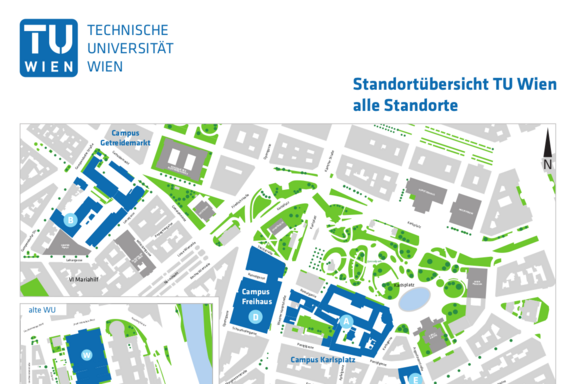 Übersicht Campus TU Wien Kleinansicht der Karte der einzelnen Campusareale der TU Wien