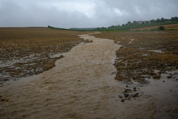 Schmutziges Wasser fließt über einen Acker